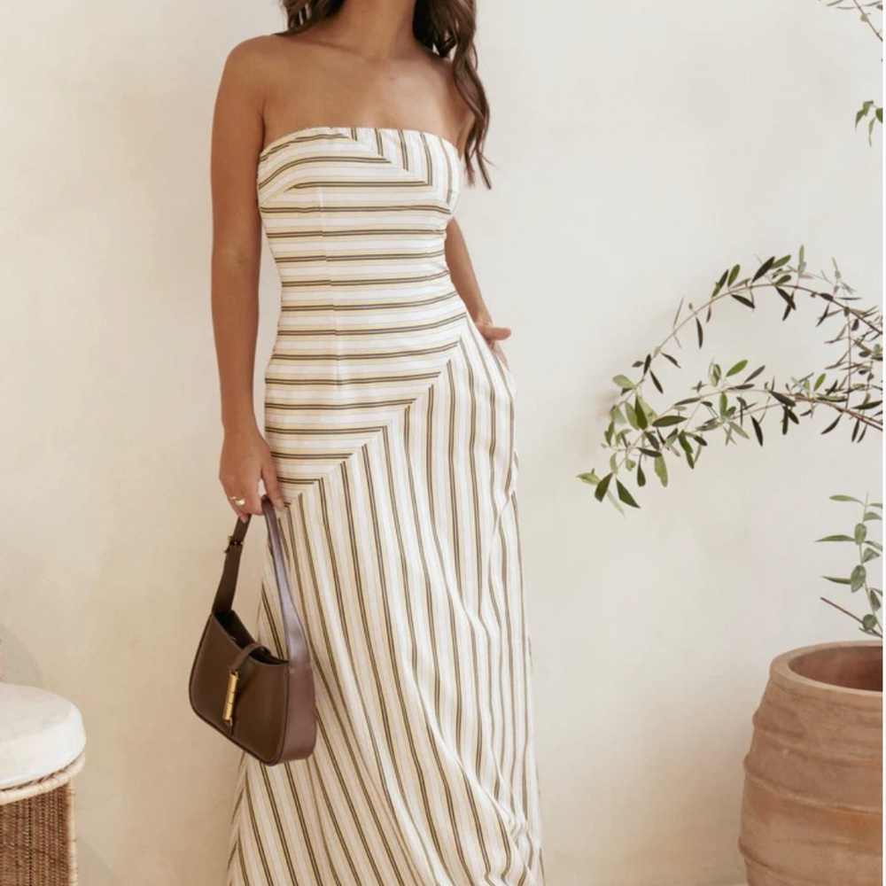 Petal & Pup Strapless Cream and Olive Stripe Maxi Dress